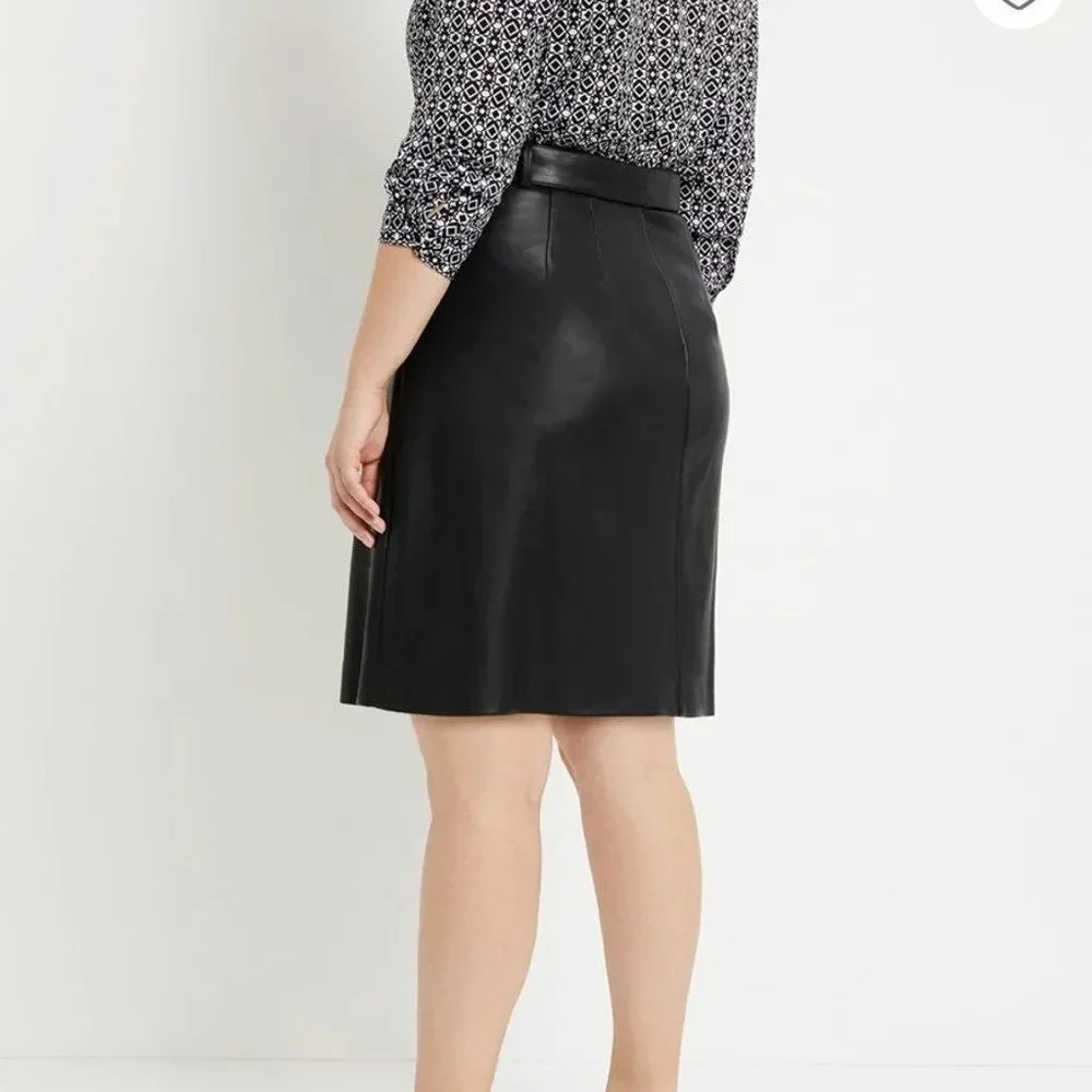 NWT Eloquii Faux Leather A Line Moto Skirt Faux Button Down Tie Belt 14 Black - Picture 3 of 12